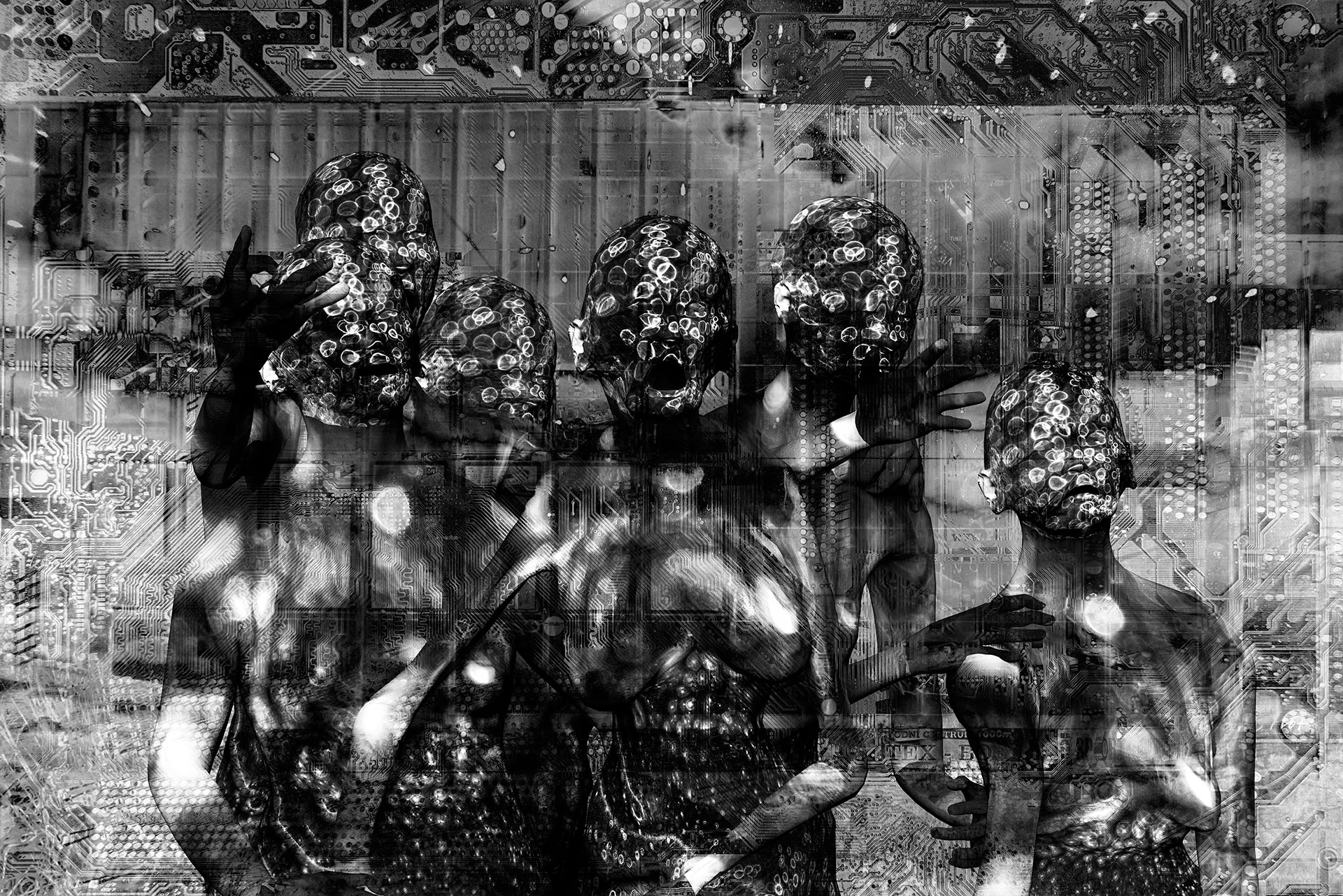 A group of sinister human figures look at the viewer head-on as if in a group photo. The faces and bodies are artistically distorted and look like dot-like light projections. The background of the black and white artwork consists of fragments of electronic circuit tracks on a circuit board.