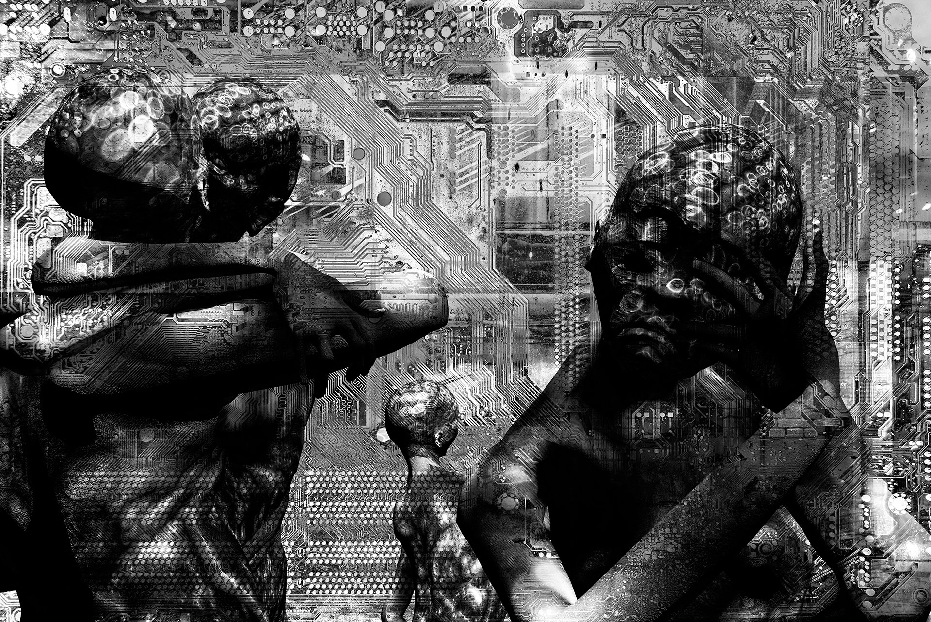 On the left-hand side of the digital painting, two figures embrace, while on the right-hand side the figure in the foreground appears to be crying.