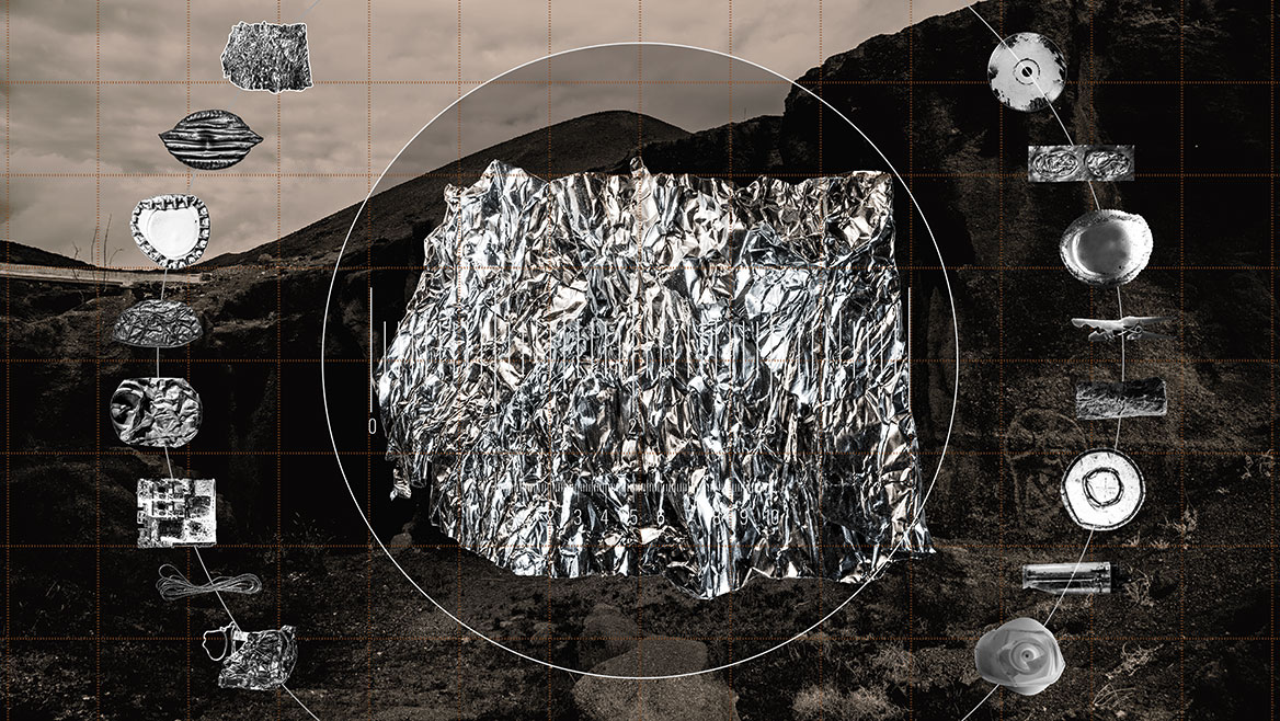 The main subject of this compositing is a crumpled piece of aluminum foil.