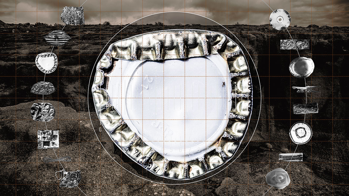 The main subject of this compositing is a crushed crown cap.