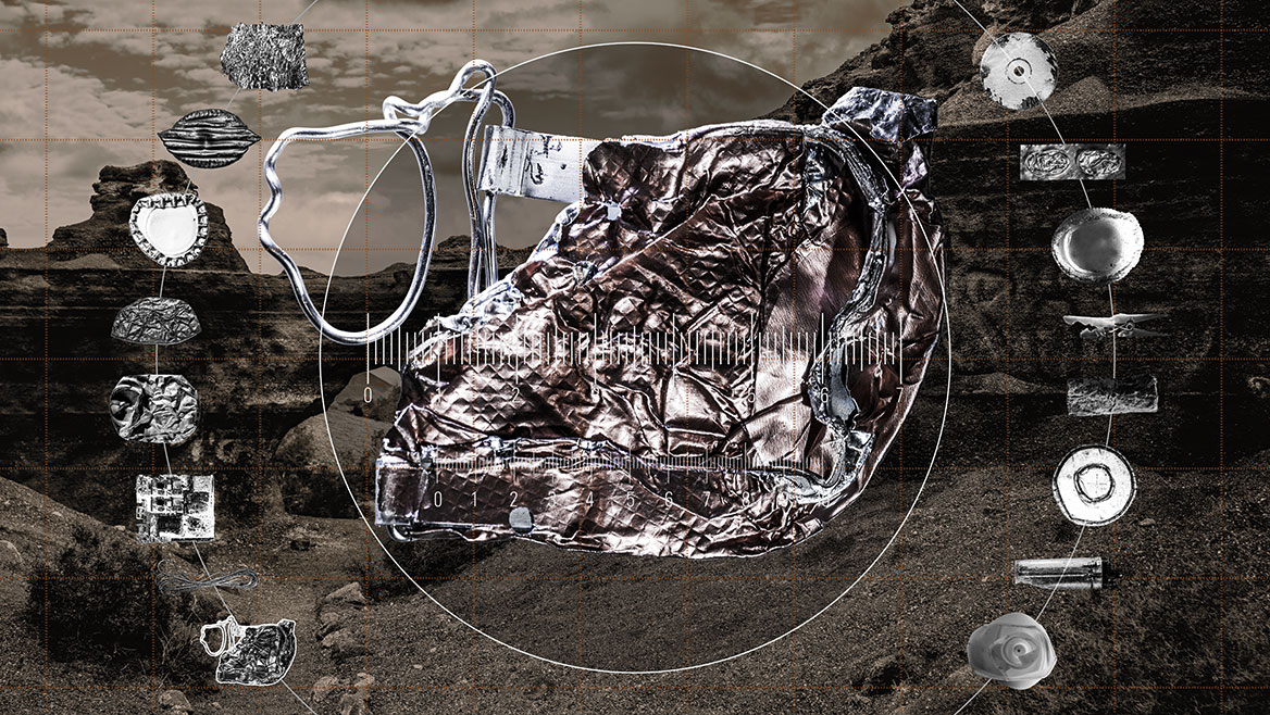 The main subject of this compositing is a flattened and bent wire cap of a champagne bottle.