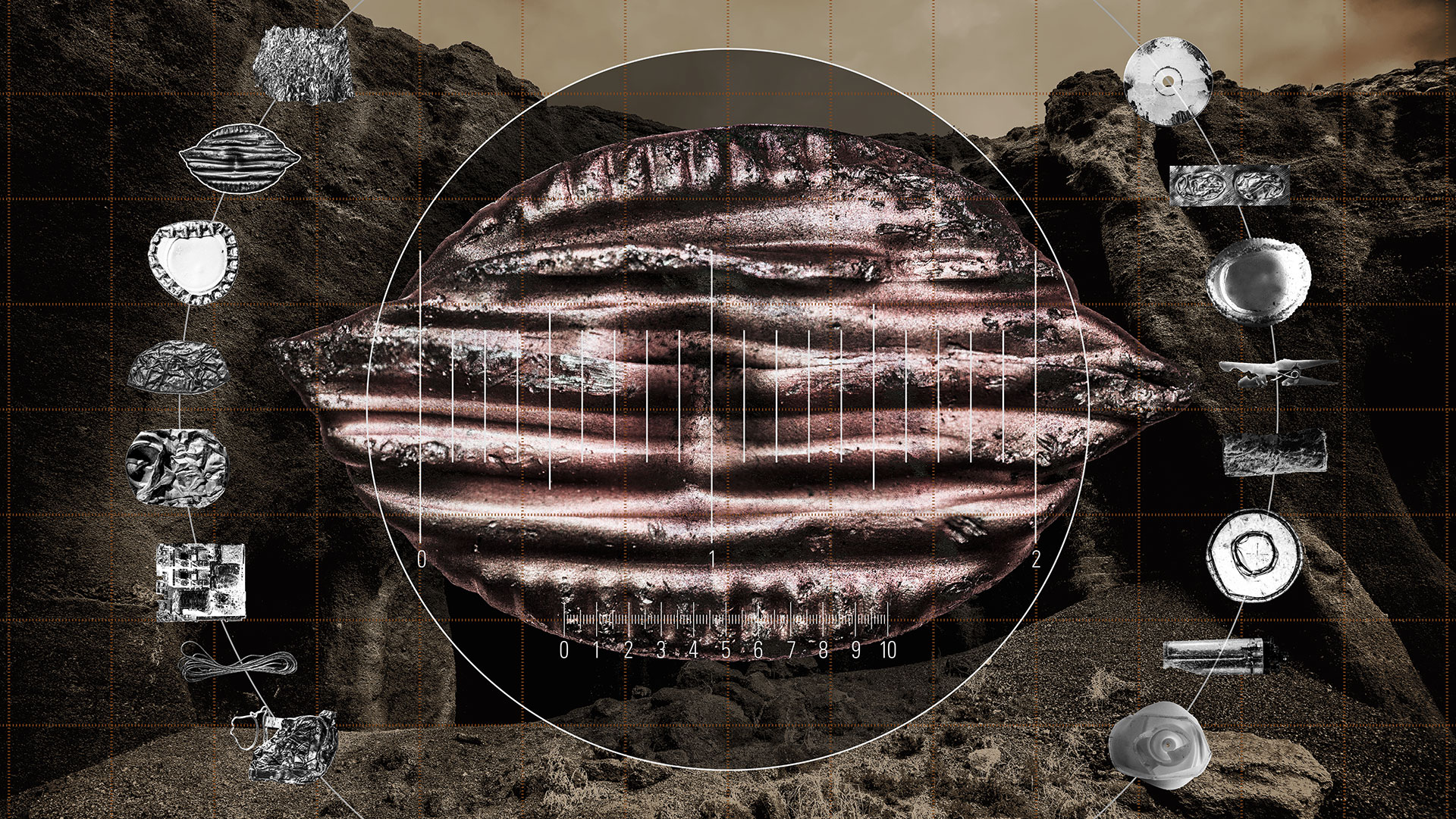 A greatly enlarged, metallic bottle cap is mounted in front of a barren, desert-like cave landscape. A measuring scale indicates the examination and measurement of the found object. Circularly around the main motif, a crushed and scratched bottle cap, other found objects are arranged, greatly reduced in size. These are civilization garbage: A piece of aluminum paper, a bottle cap, a beer mat, a crushed metal vessel, a scratched electrical circuit board, coiled wire remnants, a bent champagne bottle cap, a scratched CD, a crushed medicine blister pack, a plastic bottle cap, a broken plastic clothespin, an old cigarette filter, a plastic lid from a coffee-to-go cup, a broken disposable lighter, and the cap from a shampoo bottle. These found objects are arranged centrally around the main motif in the same manner in the following images. The main motif is kept in color, the small found objects are black and white, the background is, apocalyptic-looking, colored in yellow-brown tones.