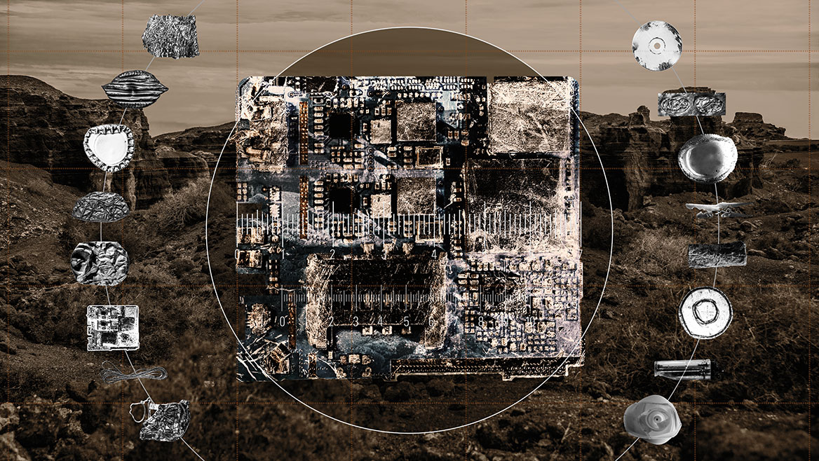 The main subject of this compositing is a heavily scratched electrical board.