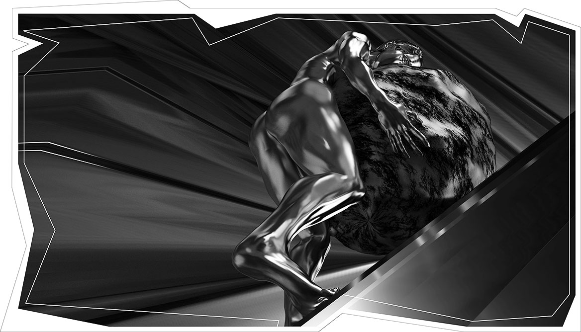 Eine weitere perspektivische Ansicht des Digitalkünstlers von unten. Sisyphos quält sich mit dem Felsbrocken ab und blickt dabei dem Bildbetrachter direkt in die Augen.