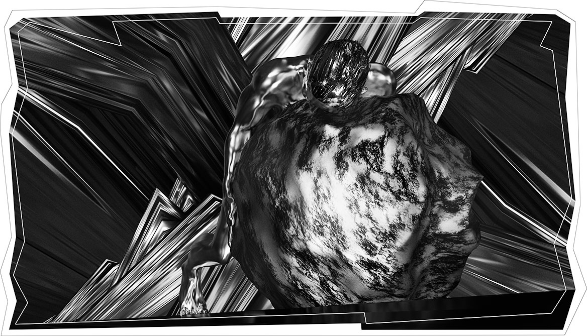 Sisyphos aus der Vogelperspektive. Das digitale Gemälde pointiert die Sinnlosigkeit so vieler Arbeiten. Im Hintergrund die Bergwelt der Unterwelt.