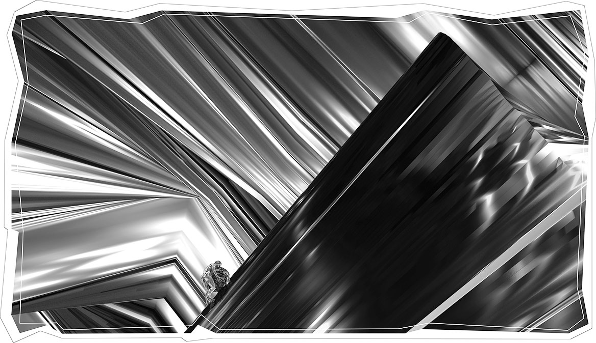 Digitalkunst. Seitenansicht des Sisyphos, wie er den Stein den Berg hinaufwälzt.