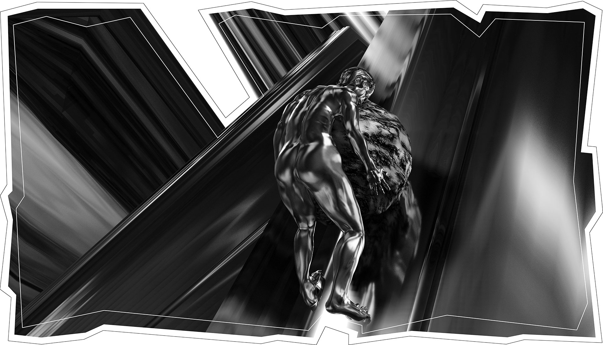 Digitale Malerei des Künstlers hhmh aus Ismaning bei München. Sisyphos (Sisyphus) rollt einen großen Felsbrocken eine steile Bergflanke hinauf. Die Bildstimmung wird passend zum Thema durch die schwarz-weiße Umsetzung betont. Die Bilder der Serie sind freigestellt und haben keinen rechteckigen Bildrahmen.