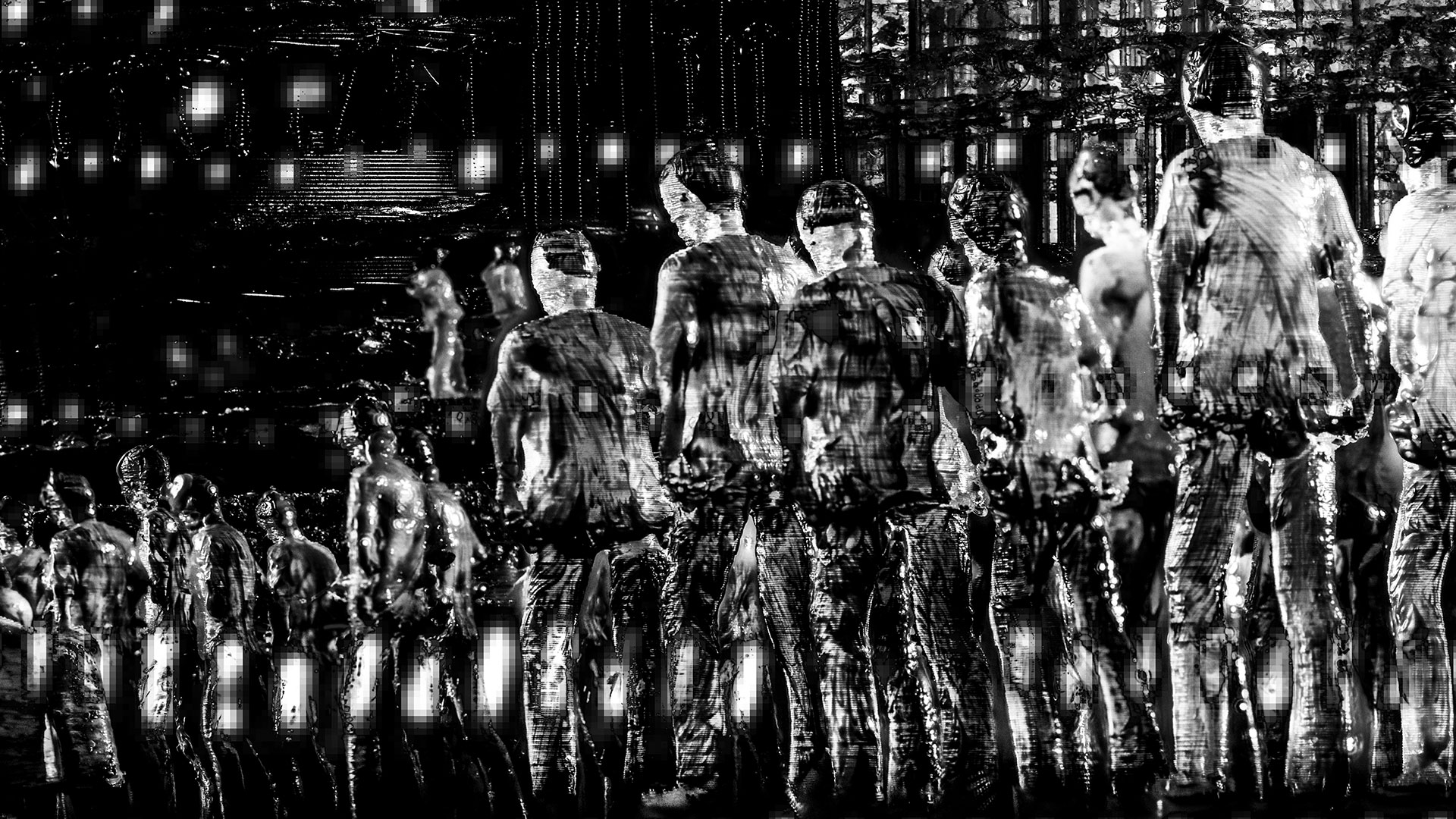 Image Detail 02: Columns of people, with their backs to the viewer, walking toward the left edge of the image. In the background, the magnified structures of the Tower of Babel are visible. Superimposed points of light reinforce the dystopian atmosphere of the artwork.