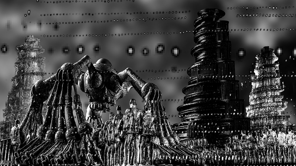 Durch die Fangarme eines riesigen Roboters laufen Reihen von Menschen in das Bild hinein und wenden dem Bildbetrachter den Rücken zu. Im Bildhintergrund sind drei babylonische Türme unterschiedlicher Bauweisen abgebildet. Der Himmel ist durch rythmische Lichtpunkt-Reihen zerfurcht. Das digitale Kunstwerk wirkt dystophisch, ist in Schwarz-Weiss getönt und hat hohe Bildkontraste.