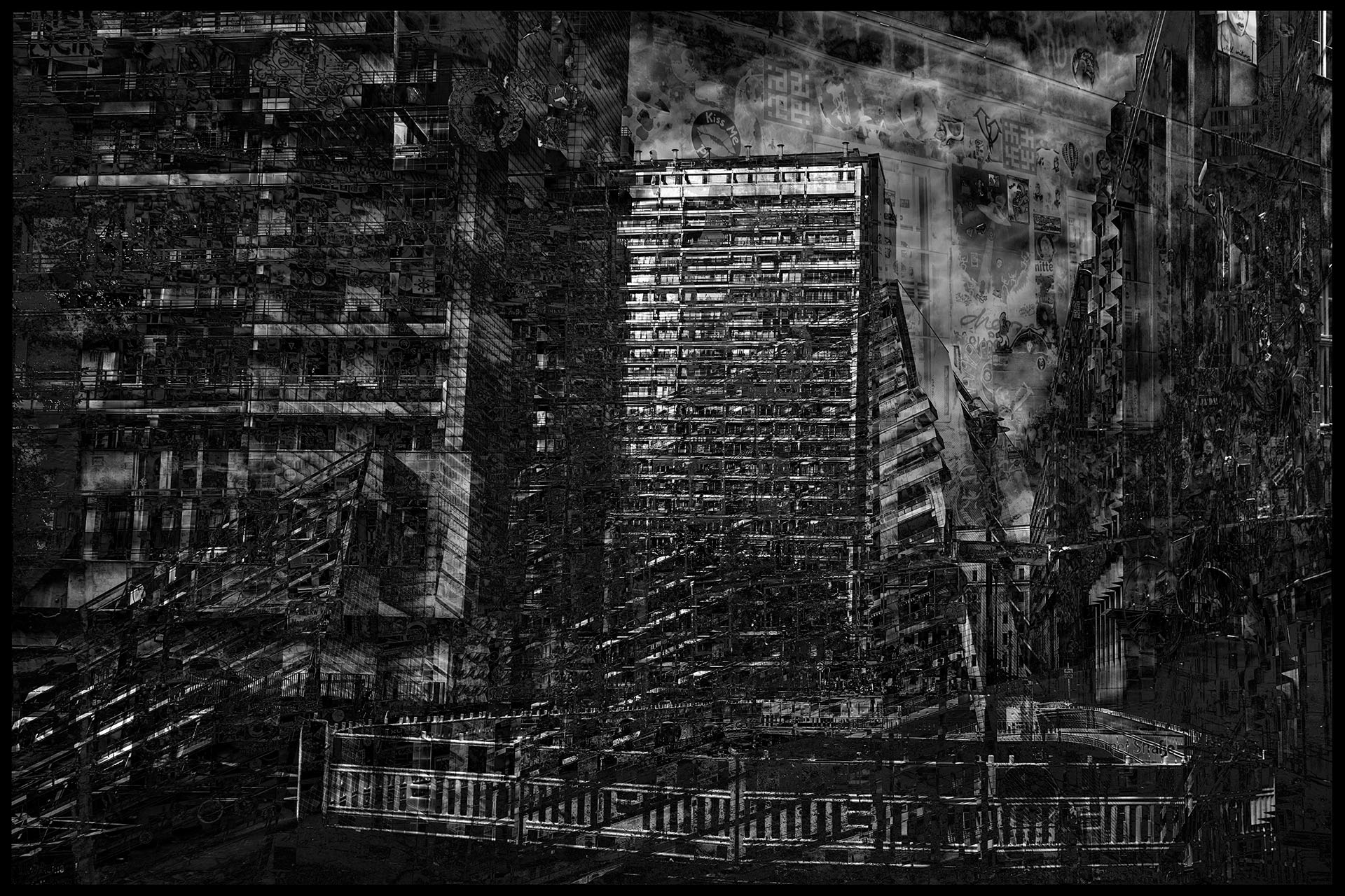 The depicted residential high-rises have a dystopian effect. Construction site fences in the foreground, rows of balconies and other fragments of urban façade elements are superimposed to create a gloomy backdrop.