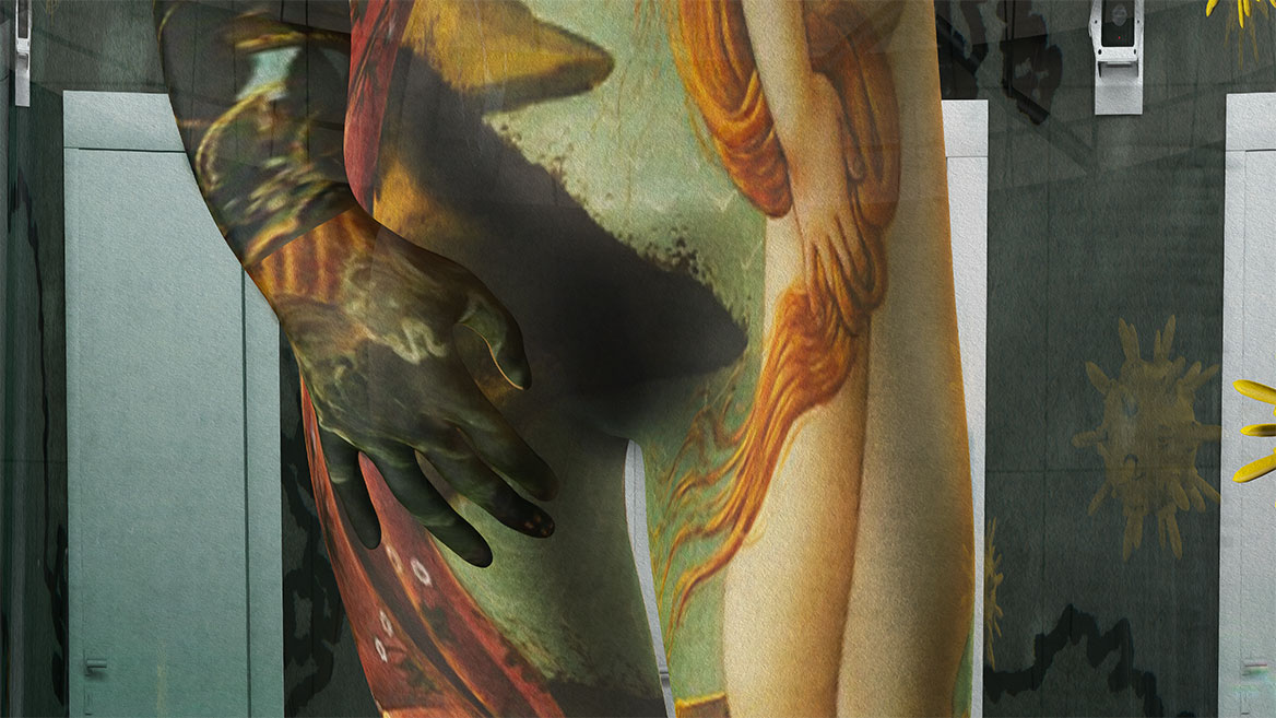 Belly and thigh of the naked corona with further texture fragments from the original work of Botticelli.