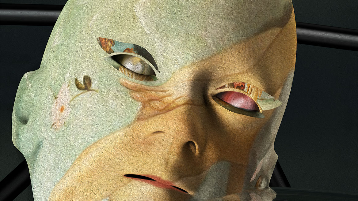 Detail of the digital work of art. It shows the face of the Corona. The skin of the face is covered with fragments from Botticelli’s painting. You can see parts of Venus and a flower.