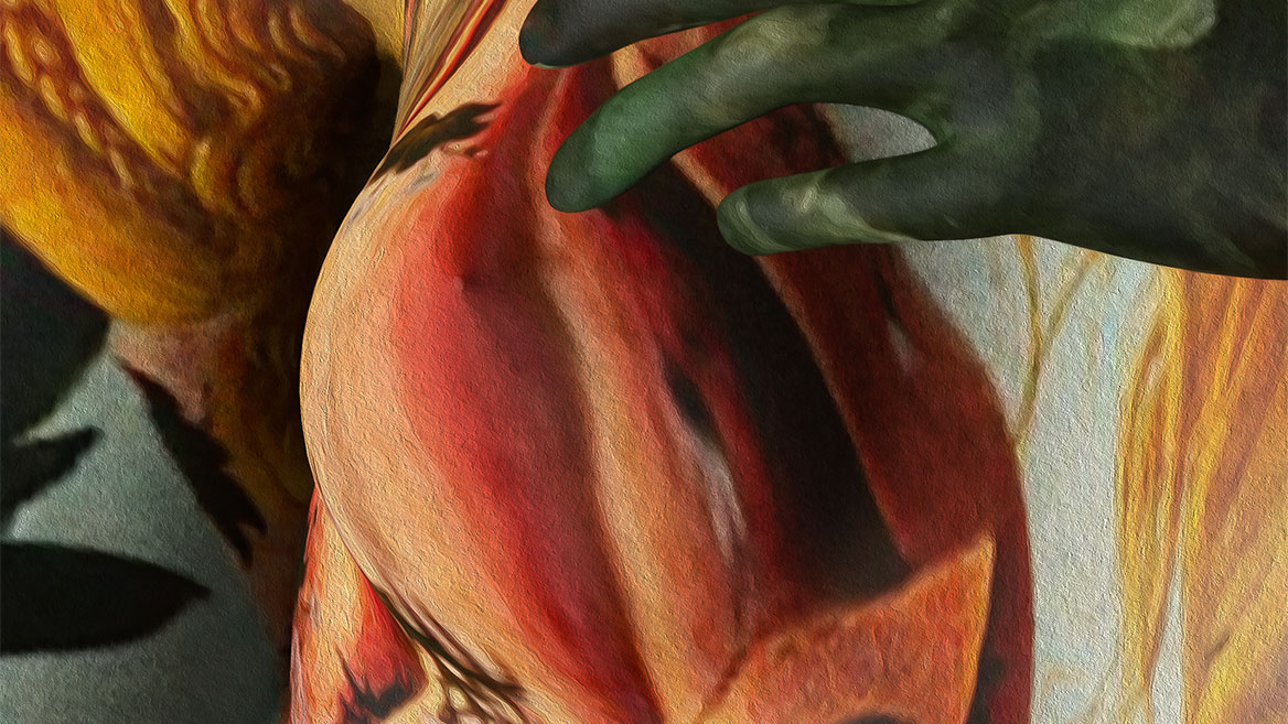Neckline, chest of the corona. The texture of the 3D rendering looks like painted with oil colors in the enlargement stage.