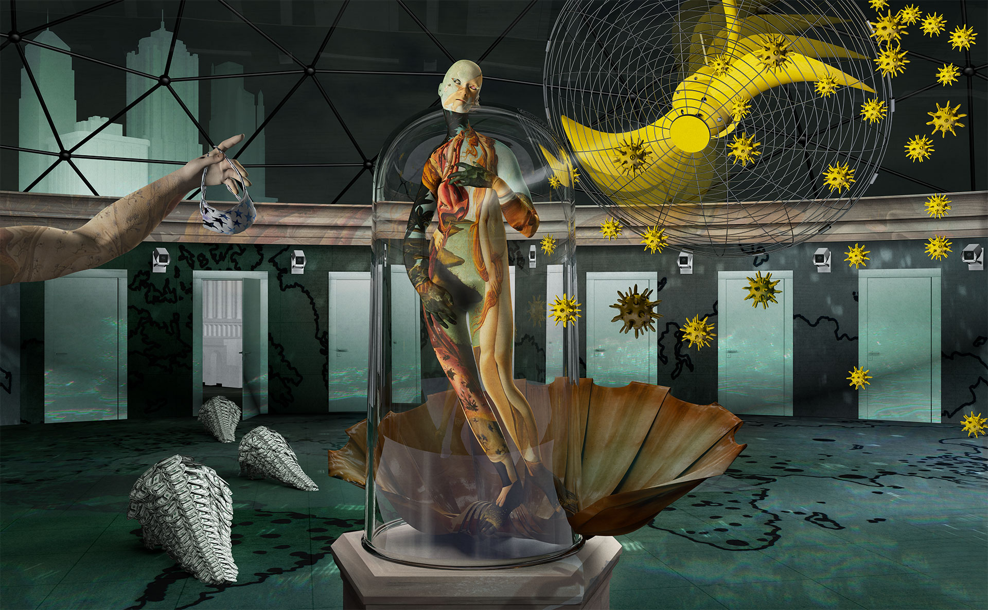 Artistic 3D visualization of the birth of a corona. The image is based on the painting by Sandro Botticelli: ‘Birth of Venus’. The original title of the painting is ‘La nascita di Venere’. The original is hanging in the Uffizi Gallery in Florence. The picture elements were mirrored in comparison to the original. Arranged in the upper right corner of the picture, a large yellow fan blows viruses into the room. In the middle of the picture, on a pedestal, is the corona on the shell. At the same time it is trapped in an oversized test tube. Only her head has penetrated the glass. In the background you can see locked doors, the room is monitored by many video cameras. Three Pandolinos with scales depicting dollar bills run towards an open door. Skyscrapers can be seen in the background. A male hand reaches out a virus protection mask to the corona and points simultaneously in the direction of its head and the yellow fan.