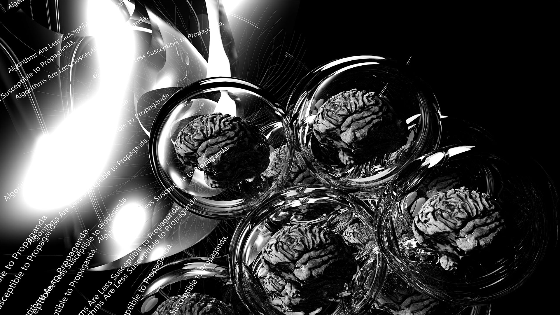 Four brains in glass spheres, viewed from the side. Lines of text with the wording -Algorithms Are Less Susceptible to Propaganda- start at the bottom left and seem to stream into the picture plane. Futuristic flashes of light on the left side of the picture illuminate the brains in the glass spheres.