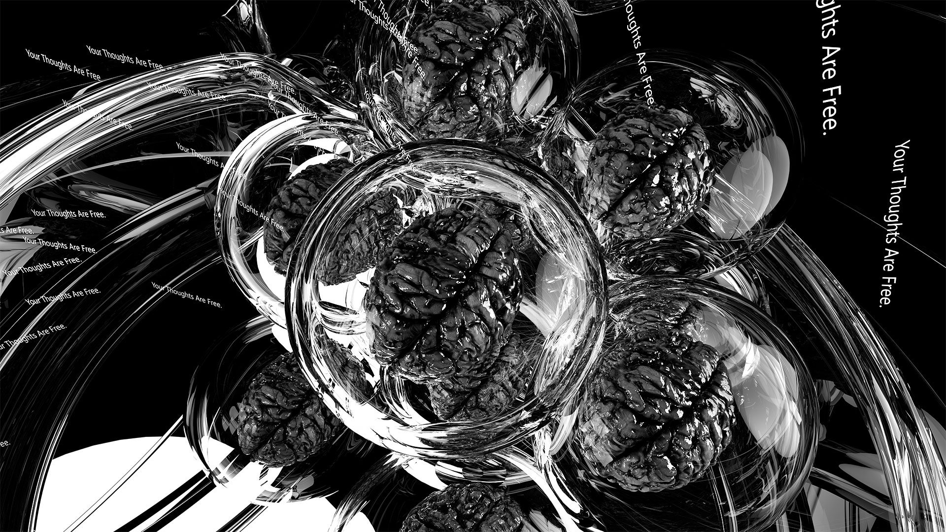 The last motif in the series shows a bird’s eye view of the group of brains. The surrounding sentences have the wording -Your Thoughts Are Free.