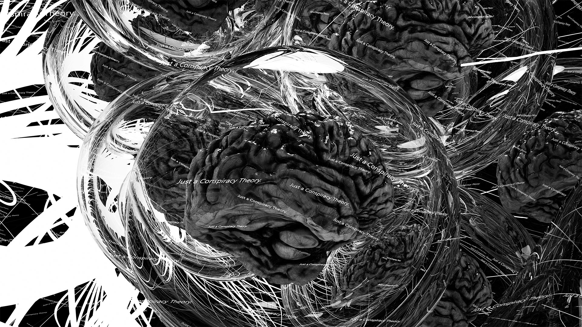 The black and white picture shows several human brains in glass spheres, surrounded by lines of text with the words -Just a Conspiracy Theory-. White light trails are reflected in the glass spheres. A brain is depicted in the center of the picture. The brains also appear photorealistic due to the surface structures and reflections, although it is a digitally generated work of art. The picture appears dark and has strong tonal contrasts.