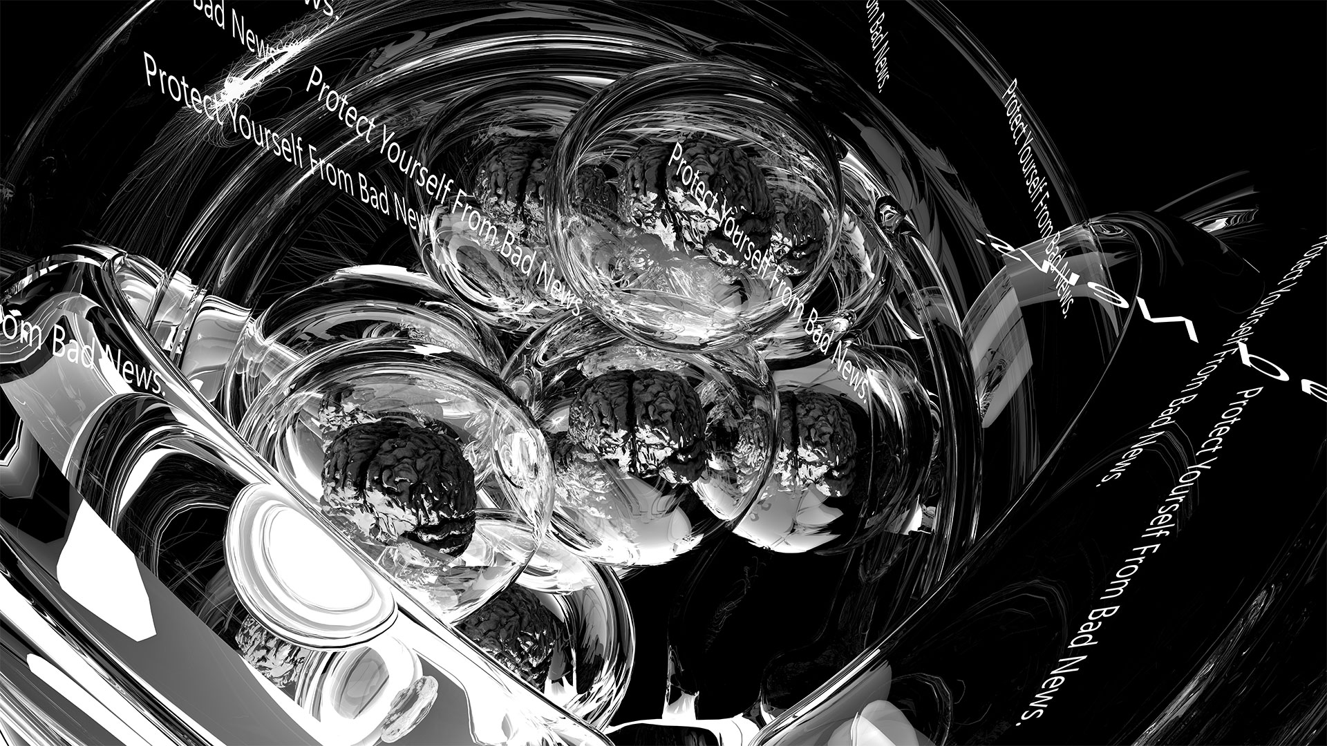 Several transparent glass rings with reflections of the surrounding scenery. The human brains are depicted frontally and appear to be approaching the viewer. Lines of text with the words -Protect Yourself From Bad News- surround the glass spheres with the brains.