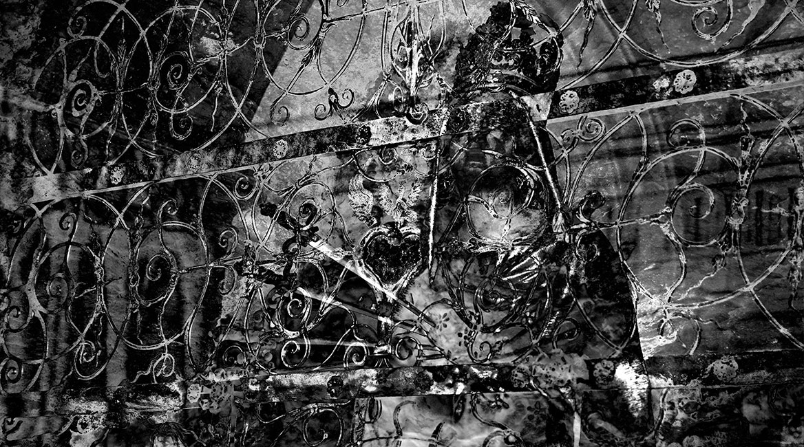 Another portrait of Mary with several swords stuck in the chest. The picture plane is superimposed with another plane showing a wrought iron grille.