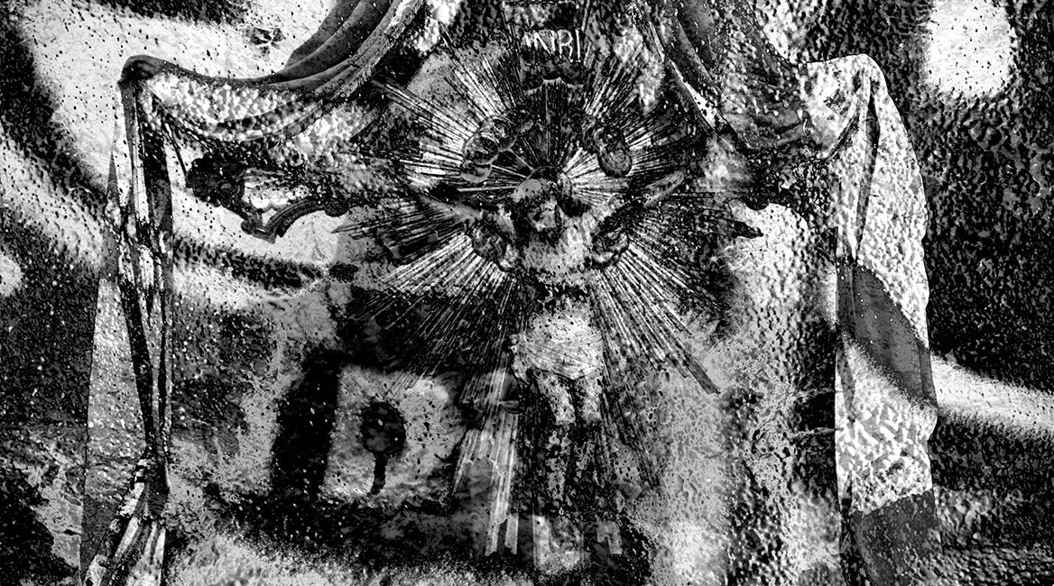 Jesus on the cross is overlaid with multiple sprinklings.