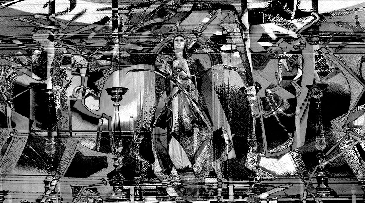 The Mother of God on an altar. The Madonna has her eyes turned to the sky. On both sides are candlesticks. In the black and white image, the scene is overlaid with massive graffiti spraying.