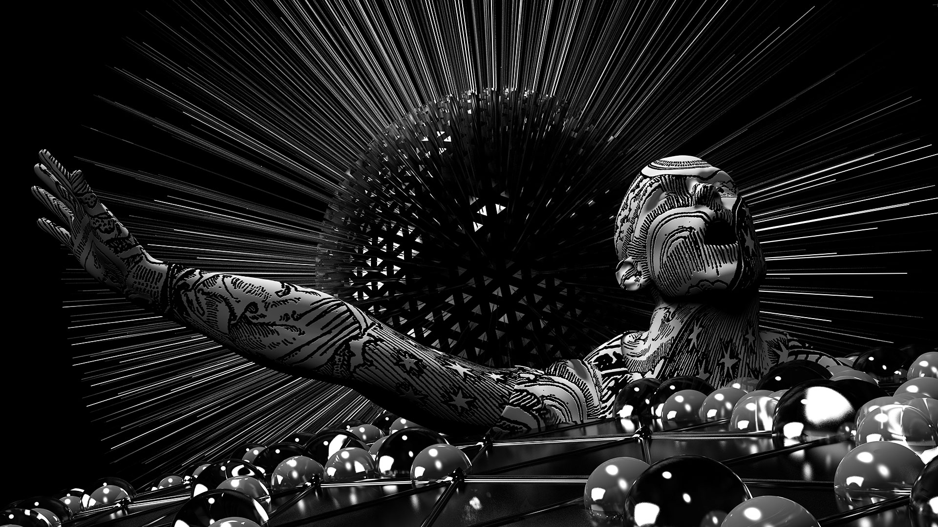 Media art: Excerpt from the digital painting ‘At the edge of the CO2 sphere’. It depicts a modern-day wanderer who sticks his head through the shell of the earth’s atmosphere.