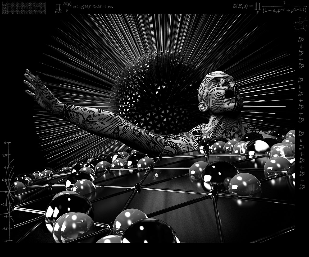 Artistic 3D visualization and composition with perspective from below on the man. Flammarion’s hiker can be seen in amazement with his mouth open as he gazes into space beyond the horizon of the earth.