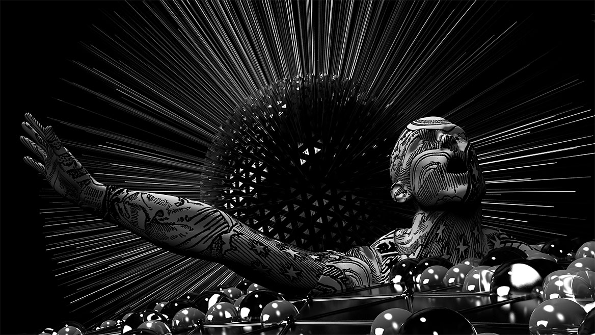 Media art: excerpt from the artistic 3D visualization of a hiker who breaks through the carbon dioxide atmosphere of the earth's horizon with his head. The contemporary presentation of Flammarion's wood engraving reinterprets the historical artwork of an unknown artist. In the foreground abstract CO2 molecules can be seen, in the background an art sun.