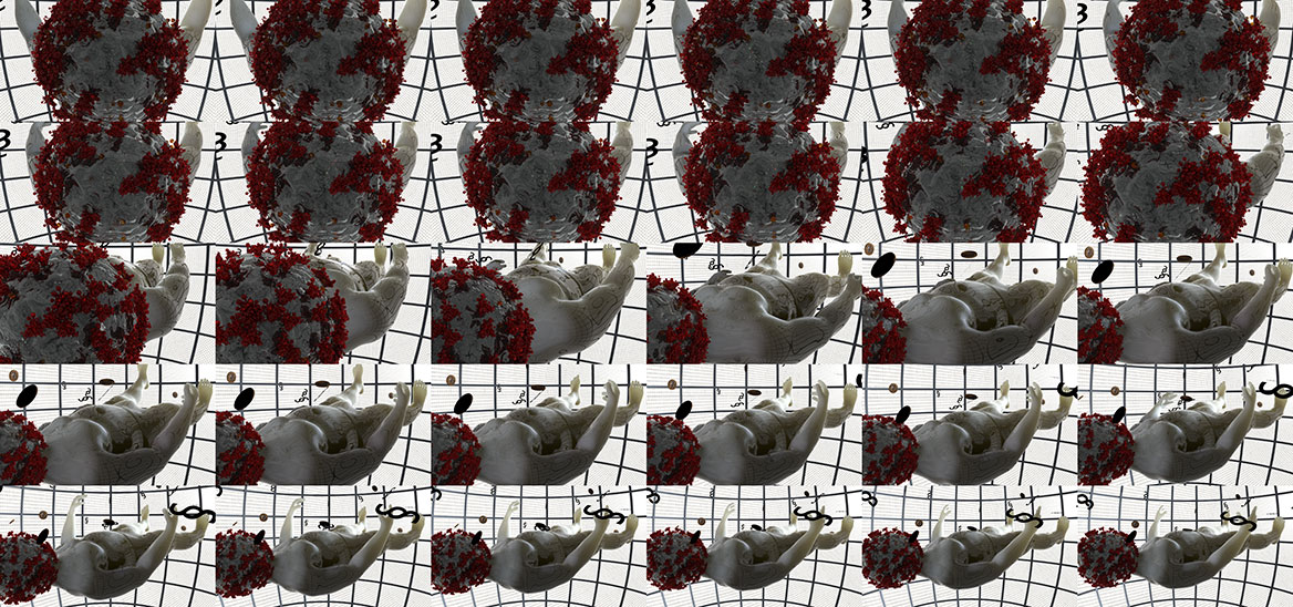 Serielle Collage von 30 Einzeleinstellungen bilden eine Sequenz des isolierten Corona-Patienten ab. Perspektivische Variation, in der der Kopf in Form des Corona-Virus im Fokus ist.