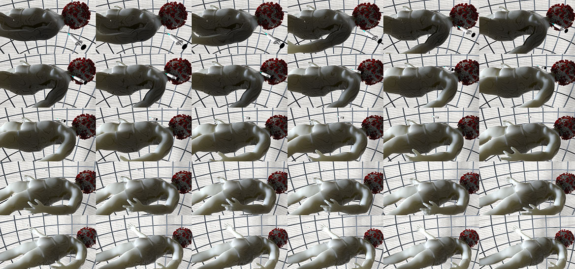 Serielle Collage von 30 Einzeleinstellungen bilden eine Sequenz des isolierten Corona-Patienten ab. Perspektivische Variation, in der der Körper nah und im Anschnitt zu sehen ist.