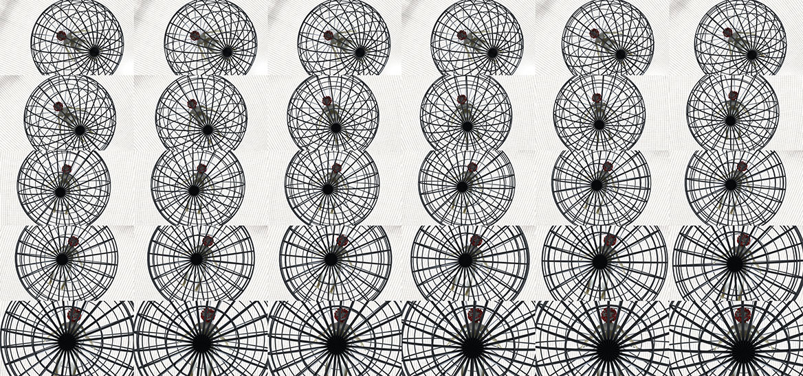 Serielle Collage von 30 Einzeleinstellungen bilden eine Sequenz des isolierten Corona-Patienten ab. Es ergibt sich eine grafisch reizvolle Bildstrecke, die die gedehnte Zeit im Quarantäne-Zustand zu betonen scheint.