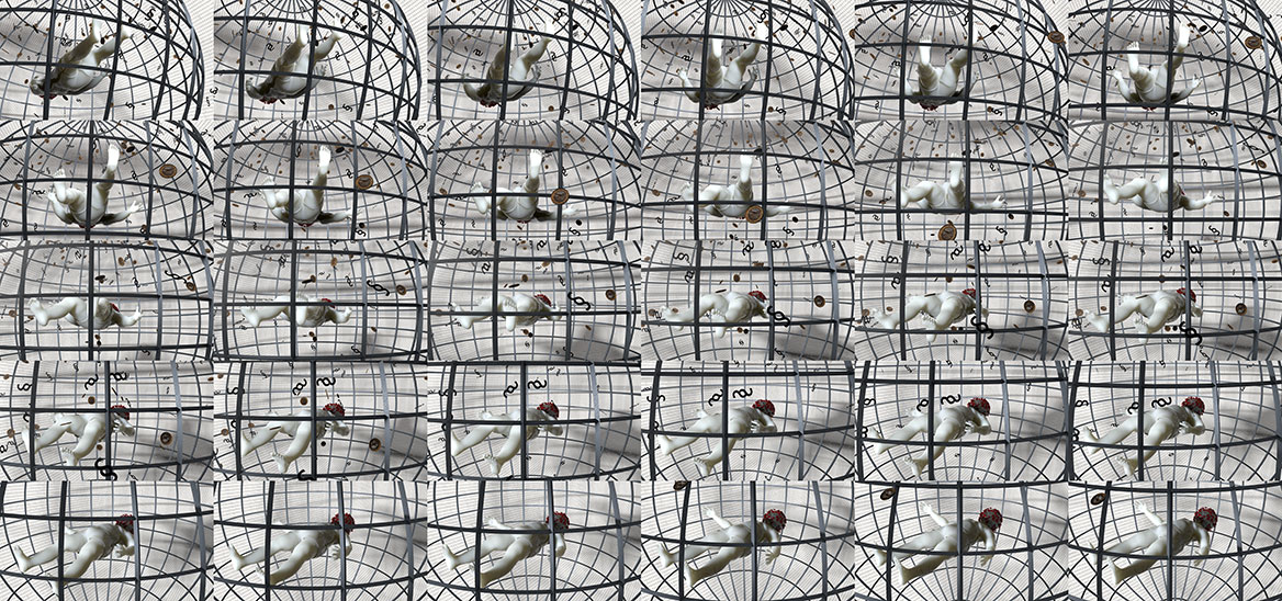 Serielle Collage von 30 Einzeleinstellungen bilden eine Sequenz des isolierten Corona-Patienten ab. Perspektivische Variation von außerhalb des Gitterkäfigs.