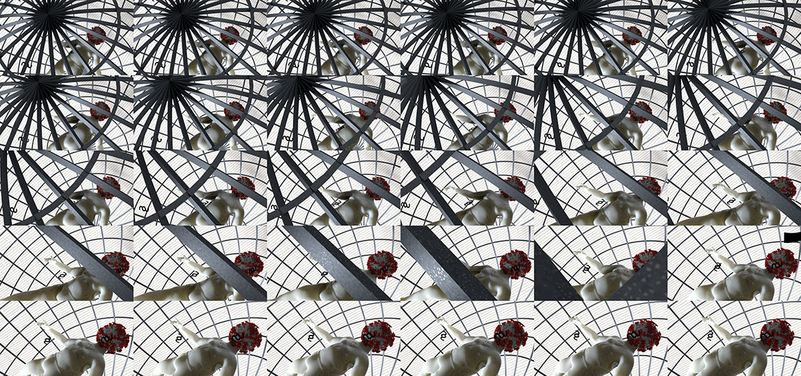 Serielle Collage von 30 Einzeleinstellungen bilden eine Sequenz des isolierten Corona-Patienten ab. Perspektivische Variation, in der die Kamera näher am Patienten ist.