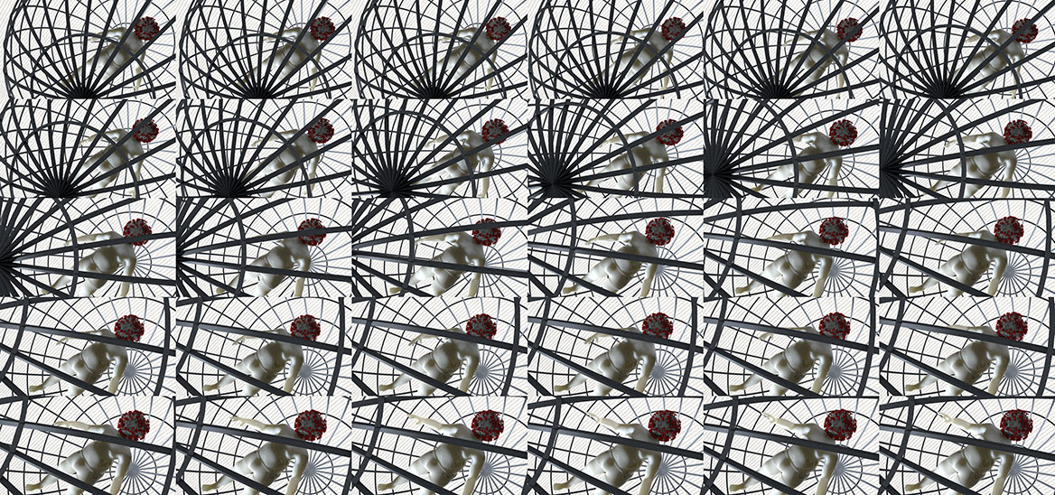 Serielle Collage von 30 Einzeleinstellungen bilden eine Sequenz des isolierten Corona-Patienten ab. Perspektivische Variation.