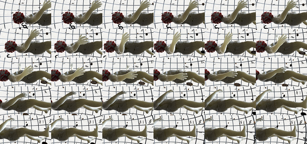 Serielle Collage von 30 Einzeleinstellungen bilden eine Sequenz des isolierten Corona-Patienten ab. Perspektivische Variation von der Seite. Die Kamera fährt den Patienten von Kopf bis Fuß ab.