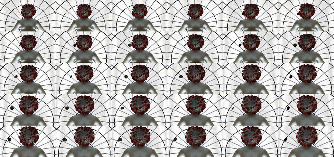 Serielle Collage von 30 Einzeleinstellungen bilden eine Sequenz des isolierten Corona-Patienten ab. Perspektivische Variation, in der der Kopf frontal von oben abgebildet ist.