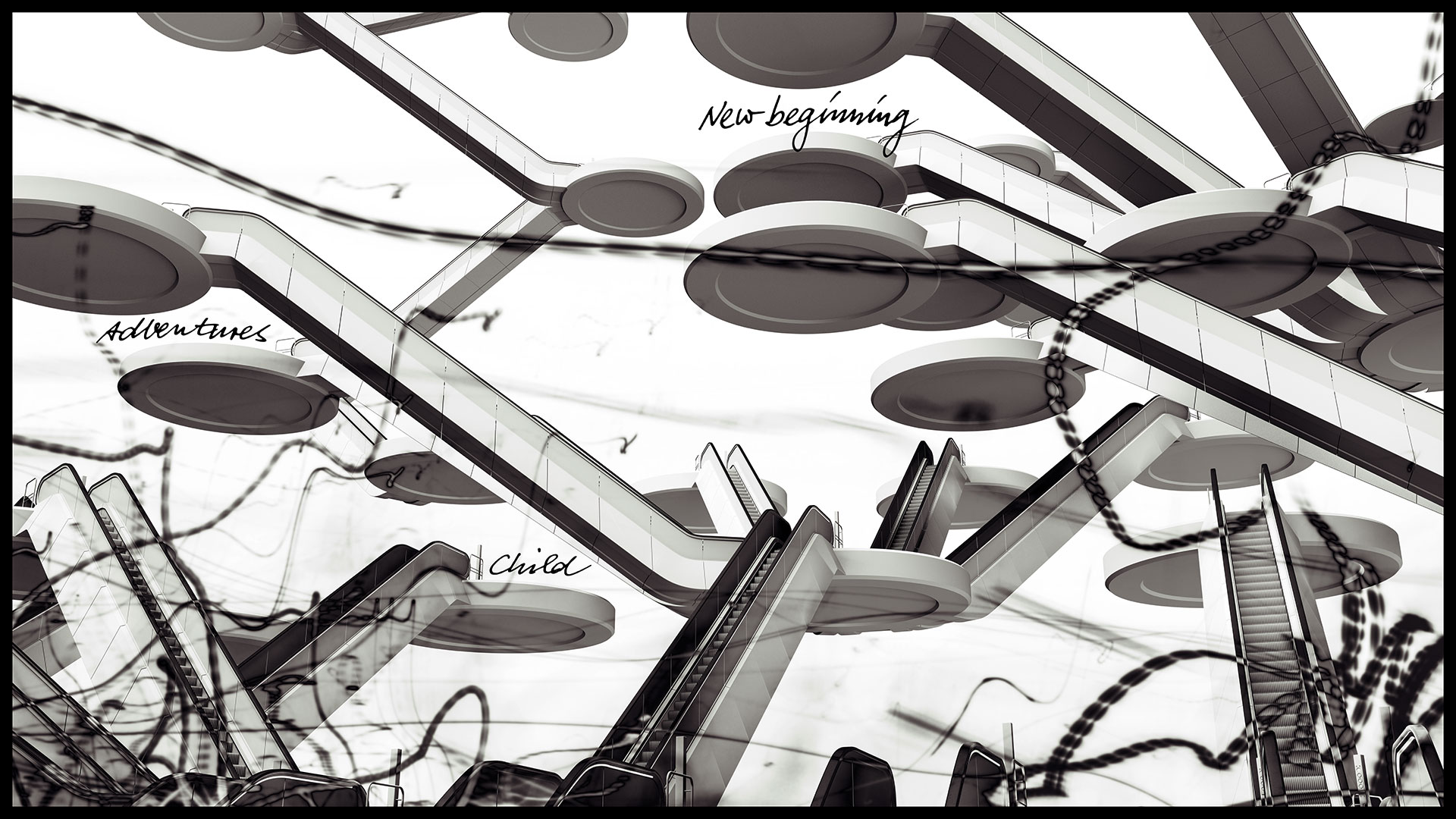 In the second composition, the viewer looks down on the subsequent floors from a higher vantage point. Three platforms are labeled with the keywords ‘Adventures’, ‘Child’ and ‘New beginning’. In the foreground, blurred traces of light stretch across the entire width of the shot.