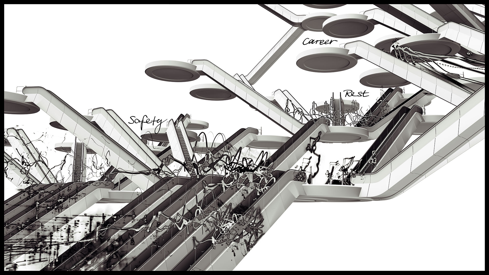 Several parallel escalators lead upwards. Many different traces of light accumulate on different levels. Three of them are labeled with the words ‘Safety’, ‘Rest’ and ‘Carer’.