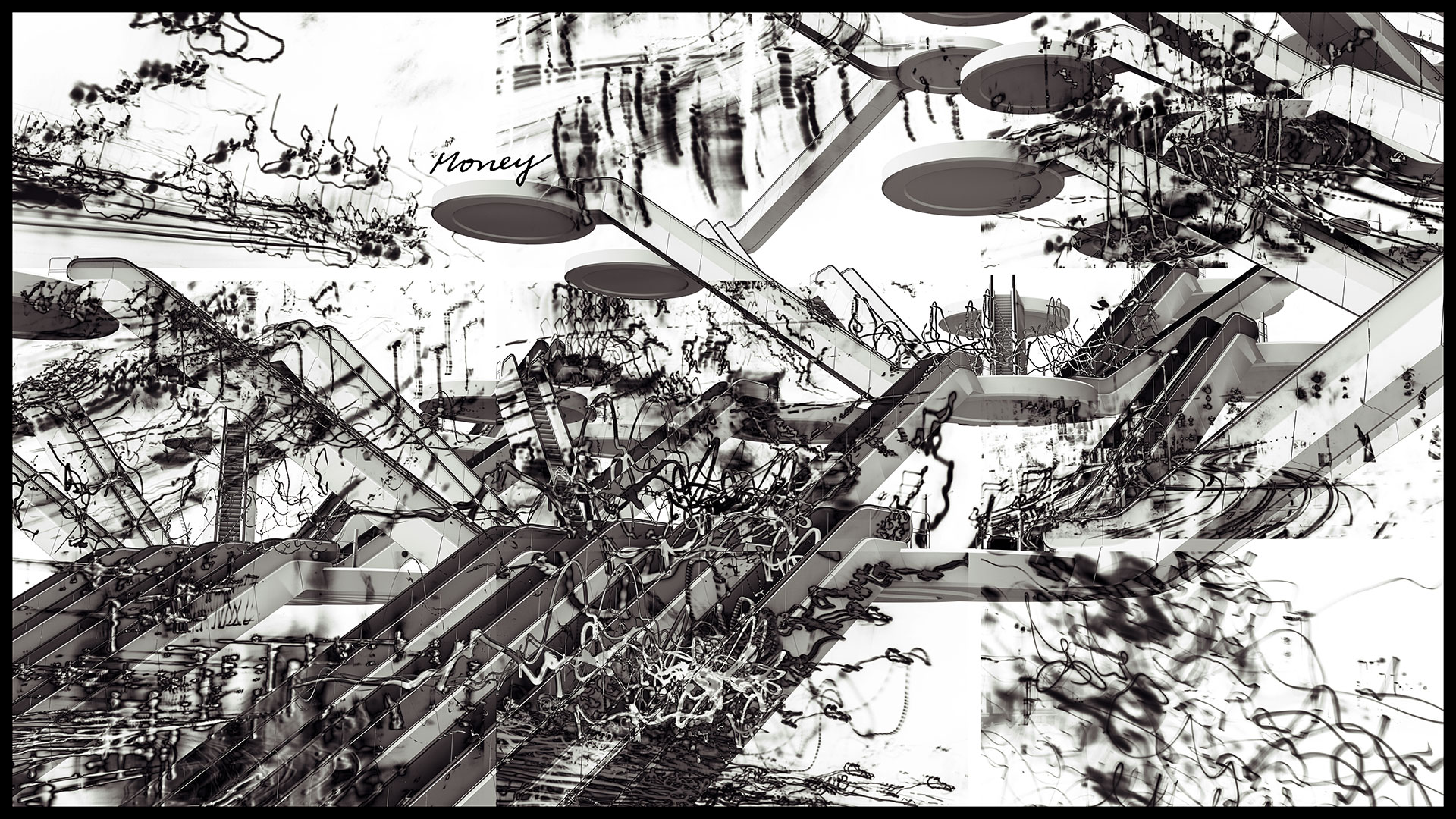 In the last composition of the picture series, the entire picture surface is overlaid with traces of light. The word ‘Money’ is written on a platform.