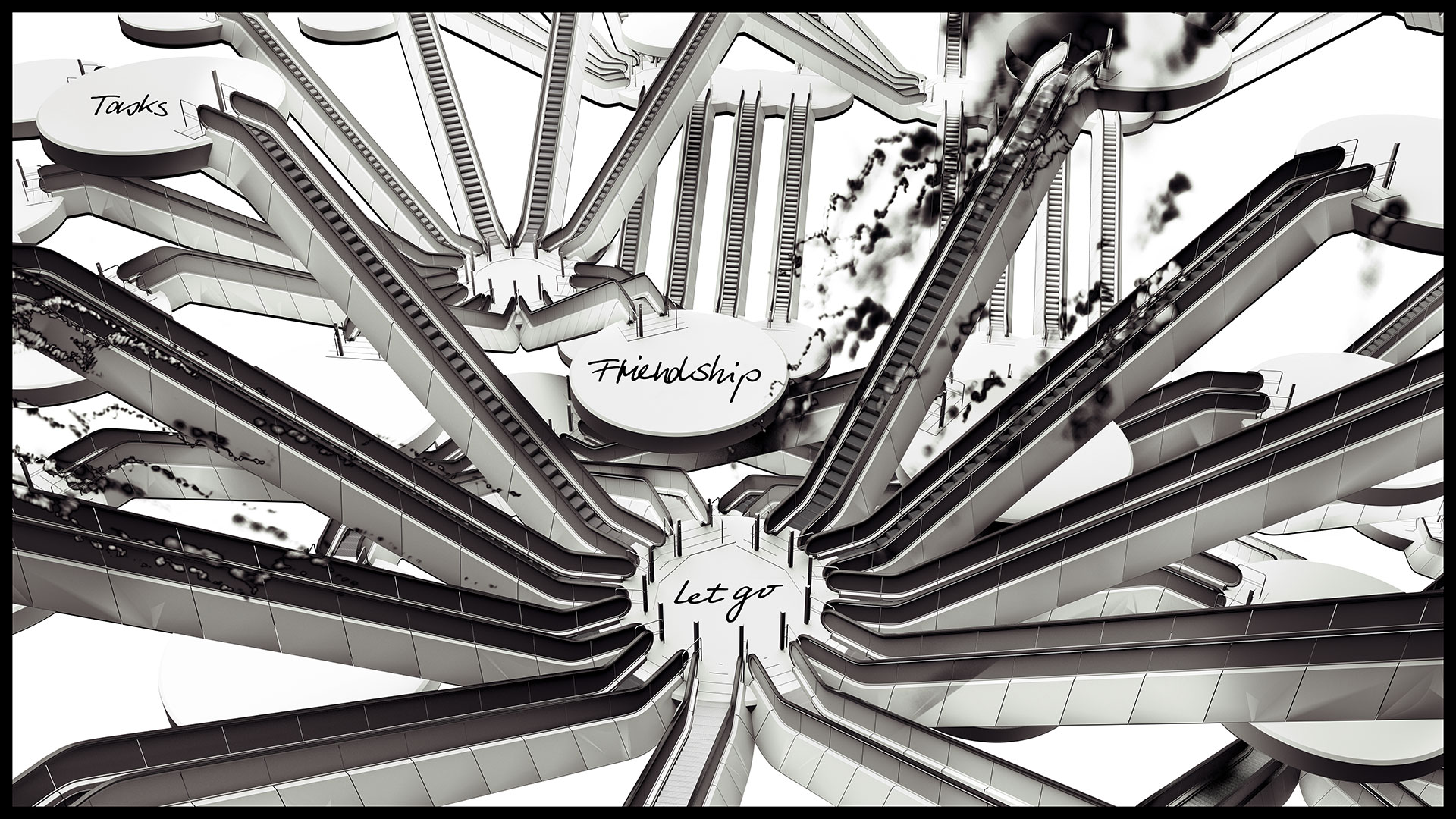 In the long shot, which gives a bird’s eye view, many escalators converge on the junction of a platform. Light trails seem to lead away from this platform. Three platforms are handwritten with the words ‘Tasks’, ‘Friendship’ and ‘Let go’.