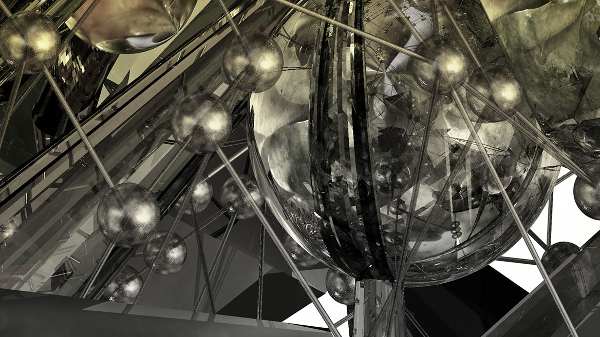 Transparent spherical formations and net-like structures show details of the organic-technical, fantastic plant from the digital artwork with the red flower.