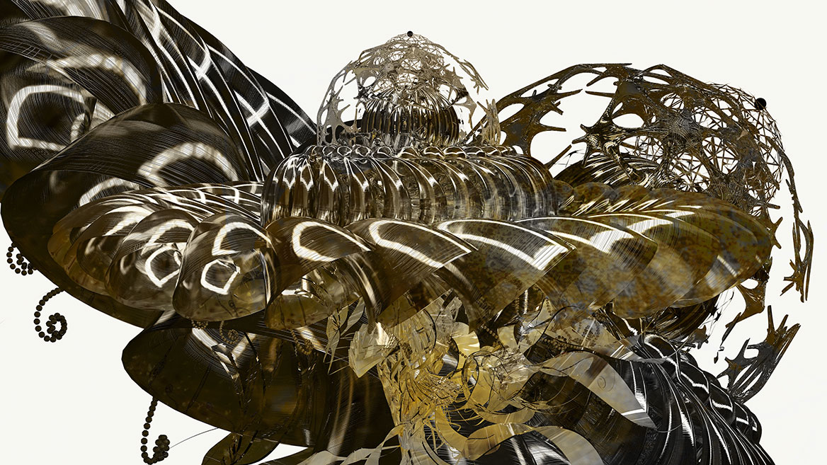 Das digitale Kunstwerk zeigt eine fantastische, künstliche Distelblüte, die aus rotierten Elementen und filigranen Strukturen aufgebaut ist.