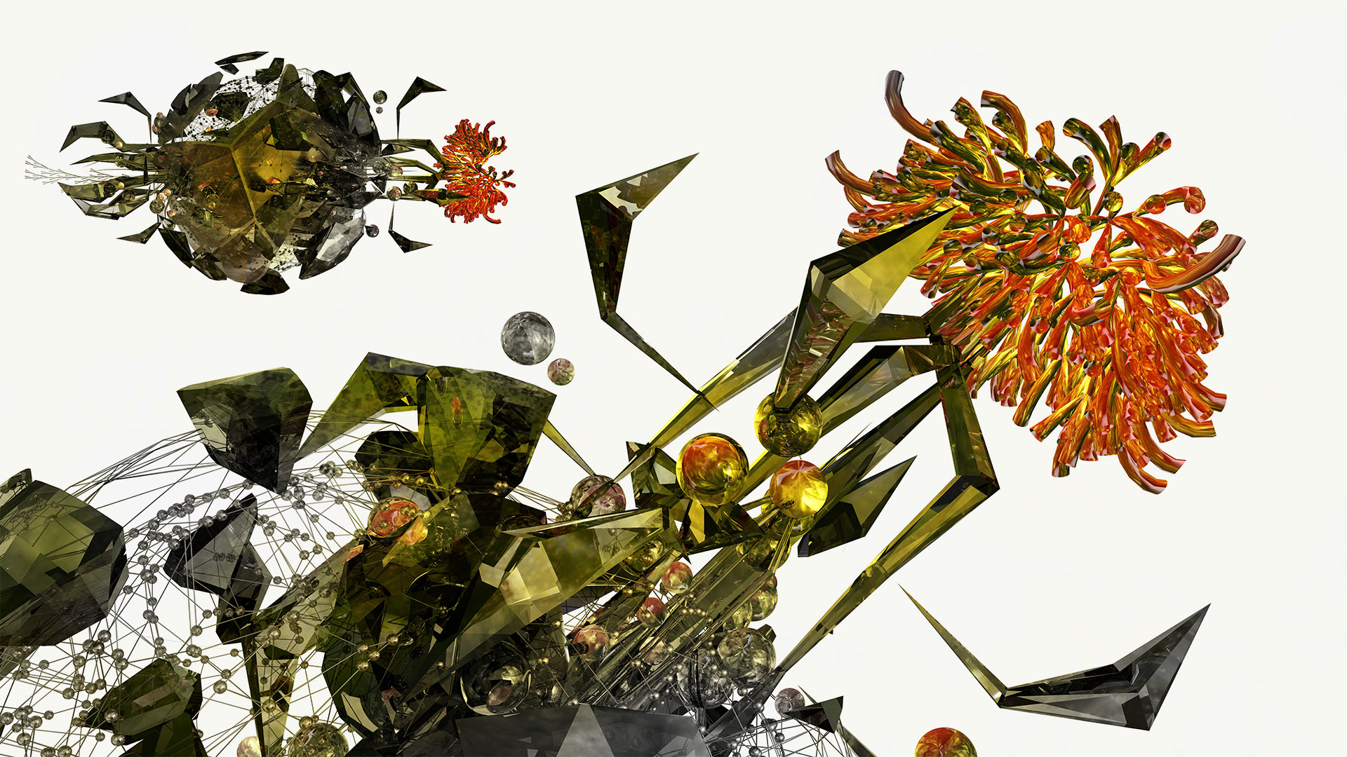 Das digitale Kunstwerk zeigt eine fantastische, technisch-organische Kombination aus künstlichen Elementen, die in einer knallroten Blüte münden.