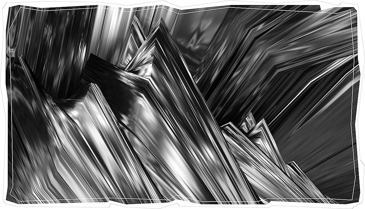 Digital painting. A dark mountain world in the underworld of the Greek god of death. Hard black and white contrasts characterize the image sequence.