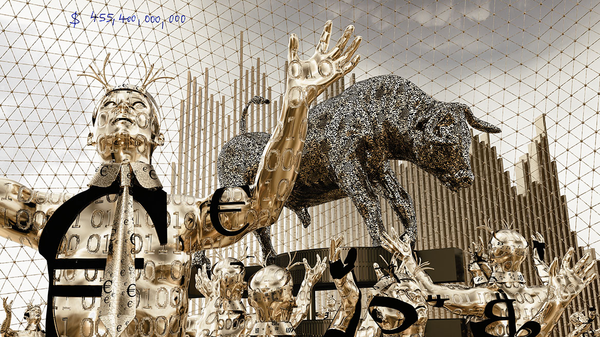 The Euro dancer in the foreground is looking up at the sky and has his arms outstretched. In the background, the other performers are cheering the stock market bull.