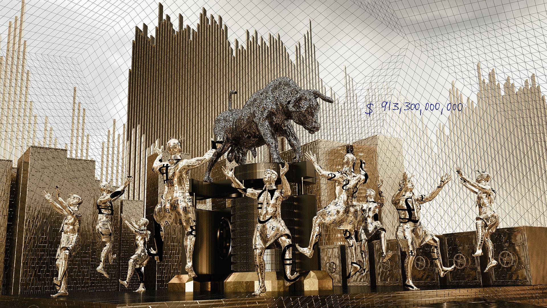 Long shot of the dance scene. In the background are visible finance diagrams in the form of skyscrapers made of gold.