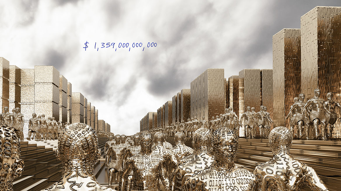 Streams of people in the streets of El Dorado. Digital codes are embossed on the heads of the golden figures. The mass of people reaches to the horizon. The title of the picture '$ 1,359,000,000' is inscribed in the sky.