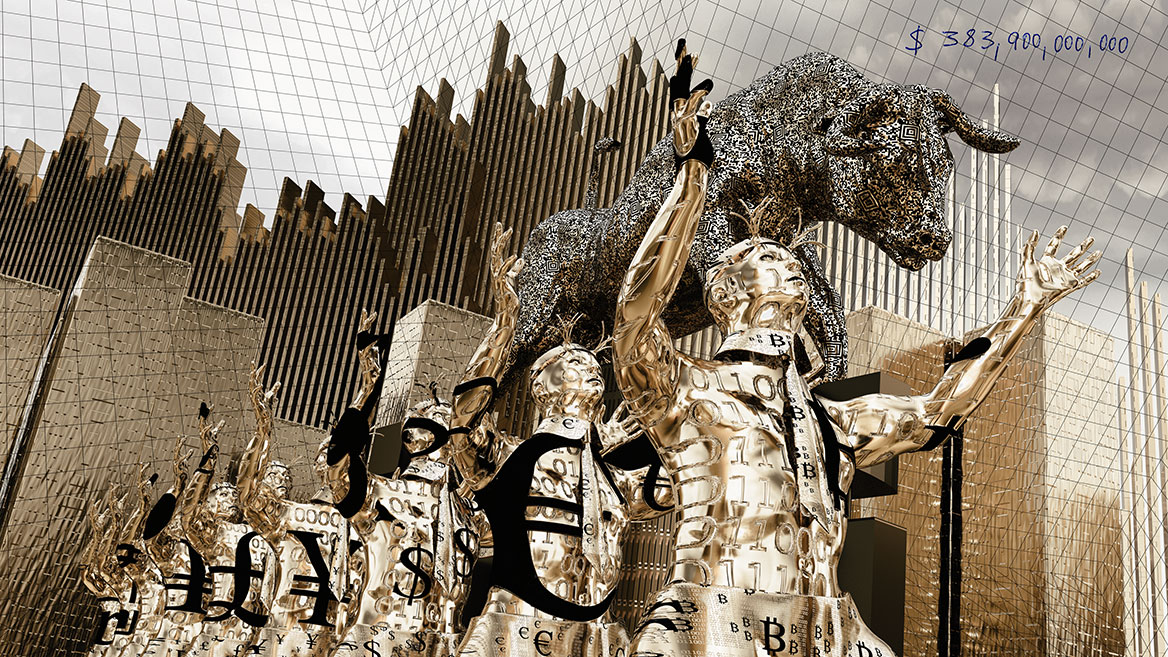 Lined up and from the frog's perspective are the dancers in the foreground. The currency symbols Bitcoin, Euro, Dollar, Yen, British Pound, Russian Ruble, Indian Rupee, Israeli Shekel and Brazilian Real are embossed on the figures.