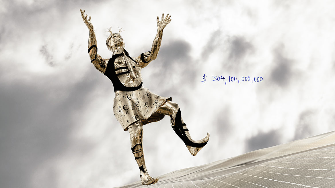 The Euro dancer in a solo performance jumps into the air and stretches his arms to the sky. The atmosphere is cloudy, the horizonz is tilted.