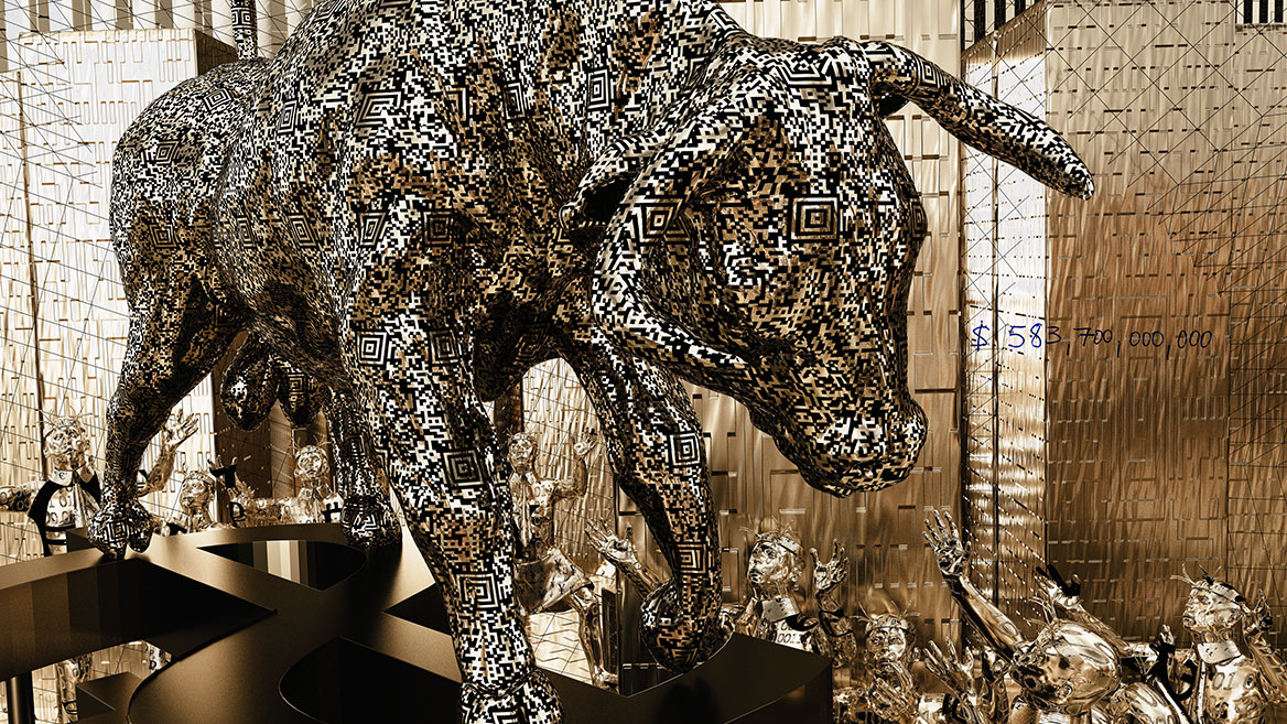 Detail with the bull of the stock market on the pedestal. The lowered horns represent the optimism of rising prices on the stock market.